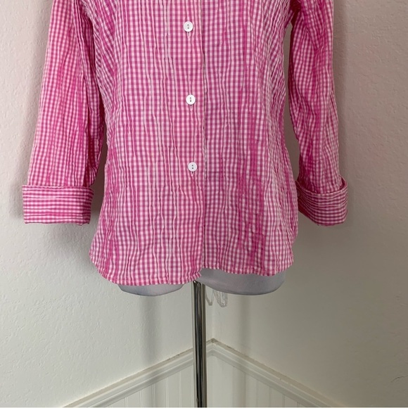 Foxcroft Fitted Gingham Pleated Crinkle Button Up Shirt Women’s 4 Pink Collared - Picture 11 of 16